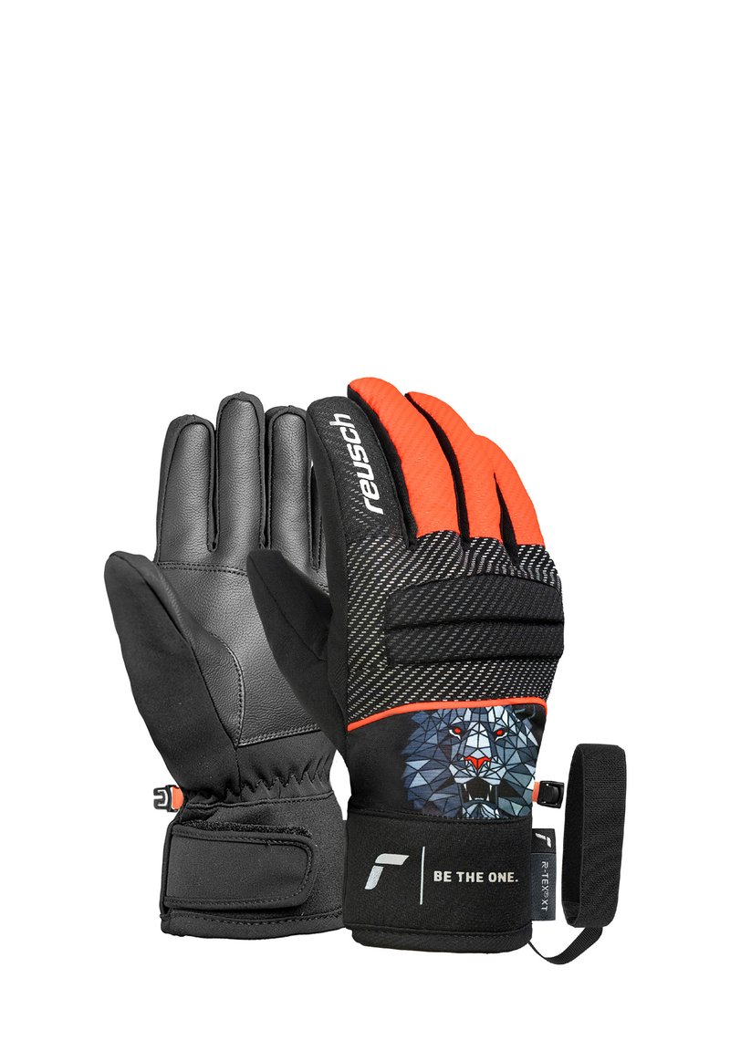 Ein Paar schwarze und orange Winterhandschuhe mit einem geometrischen Löwendesign, "reusch"-Markenlogo, Handgelenkriemen und dem Text "BE THE ONE." auf dem Bündchen.