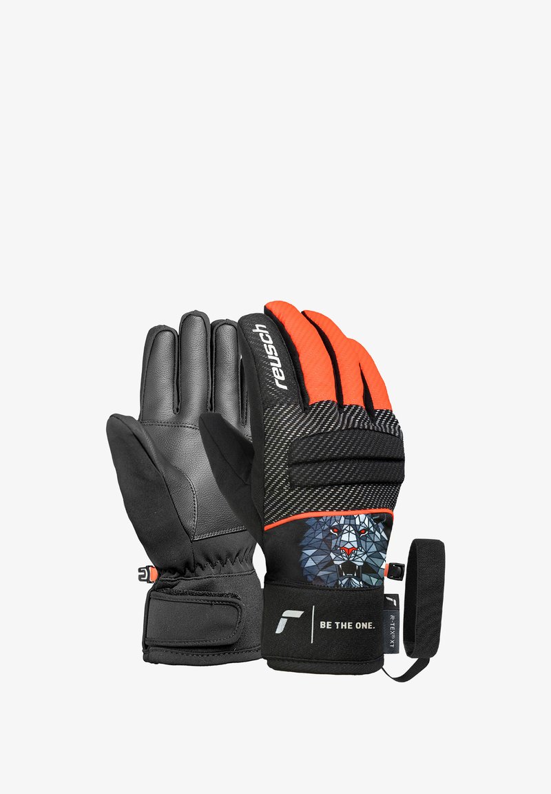 Ein Paar schwarze und orange Winterhandschuhe mit einem geometrischen Löwendesign, "reusch"-Markenlogo, Handgelenkriemen und dem Text "BE THE ONE." auf dem Bündchen.