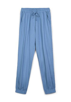 Pantaloni jogger azzurri chiari realizzati in tessuto morbido, con una vita elastica e cordoncino, tasche laterali e polsini elastici.
