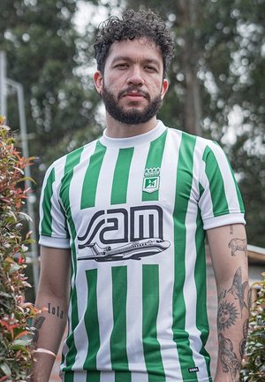 Groen en wit gestreept voetbalshirt met een ronde kraag, voorzien van het logo "sam" en een vliegtuigafbeelding. Korte mouwen, sportief ontwerp.