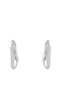Orecchini in argento con un design ondulato, caratterizzati da una fila di gemme trasparenti lungo un lato, finitura lucida e meccanismo di chiusura sicuro.