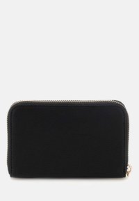 Portafoglio in pelle nera con finitura testurizzata, dotato di zip e accessori in tonalità oro. Forma rettangolare, si chiude in sicurezza con una zip.