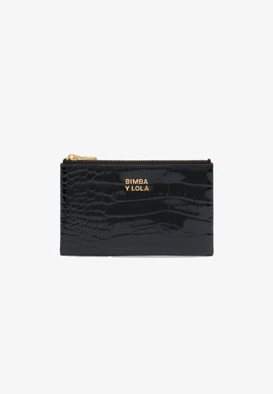 Black patent leather wallet with a crocodile texture, featuring a gold embossed logo and a zip closure along the top edge.