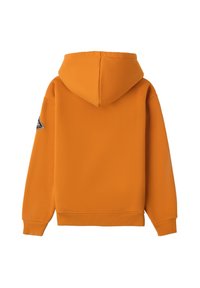 Felpa arancione con cappuccio cucito, polsini e orlo a coste. Presenta una patta logo triangolare sul maniche sinistra. Realizzata in tessuto morbido.
