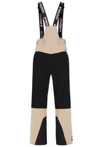 Waterdichte bibtrok in beige en zwart. Voorzien van verstelbare banden, hoge taille, brede benen en ritszakken. Glad oppervlak en duurzaam materiaal.