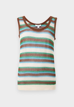 Hihaton neulottu tankkitoppi avoimella neuloksella ja vaakaraitoja ruskean, vihreän, sinisen ja kerman sävyissä valkoisella taustalla.