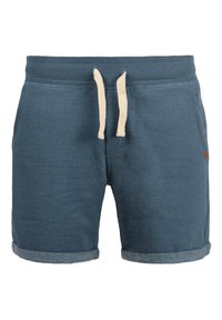 Blue cotton blend shorts with an elastic waistband, cream drawstring, and rolled hem. Features side pockets and small brand tag on the side.