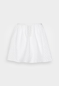 Saia branca até aos joelhos com cintura elástica. Apresenta um tecido texturizado com padrões bordados subtis. Design simples e fluido.