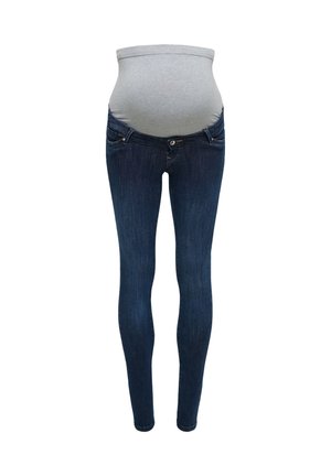 Jeans premaman blu scuro con fascia alta ed elastica in tessuto grigio progettata per adattarsi alla pancia della gravidanza.