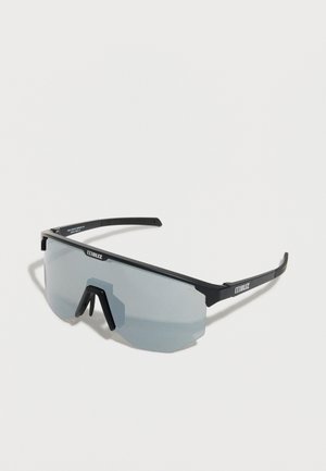 Black-framed wraparound sports sunglasses with reflective gray lenses and adjustable nose pads on a white background.