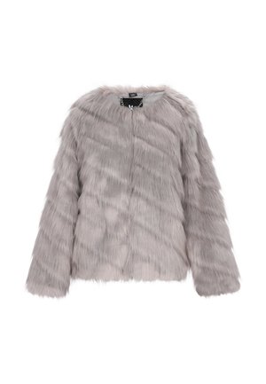 Giacca in finta pelliccia grigia con maniche lunghe, scollatura rotonda e chiusura frontale con zipper. Presenta una texture liscia e morbida e un motivo a strisce irregolari.