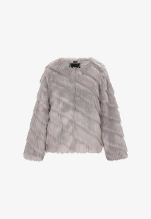 Harmaa tekoturkki takki, jossa on pitkät hihat, pyöreä kaulus ja etuvetoketjusuljenta. Ominaisuuksiin kuuluu sileä, pehmeä tekstuuri ja epätasainen raitakuosi.