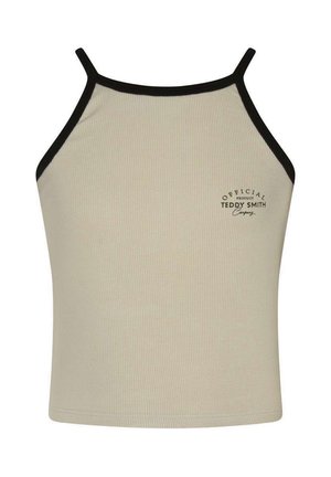 Haut beige sans manches à côtes avec fines bretelles noires et bordure noire, présentant le texte "Official Product Teddy Smith" sur la poitrine.
