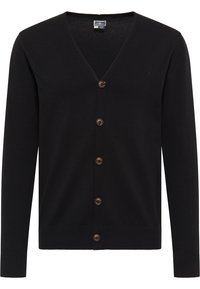 Cardigan nero con scollo a V, maniche lunghe e chiusura con bottoni caratterizzati da bottoni marroni. Polsini e orlo a costine, realizzato in tessuto morbido.