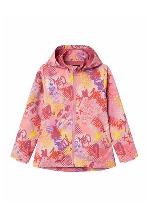 Różowa kurtka przeciwdeszczowa z żywymi wzorami graficznymi w kolorach żółtym, czerwonym i fioletowym. Posiada kaptur, przedni zamek błyskawiczny oraz dwie boczne kieszenie.