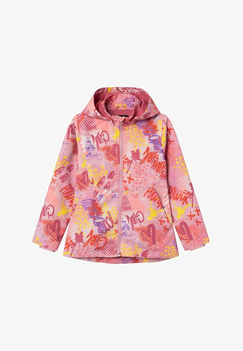 Imperméable rose avec des motifs graphiques vibrants en jaune, rouge et violet. Comprend une capuche, une fermeture éclair avant et deux poches latérales.