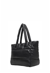 Borsa tote imbottita nera con manici doppi imbottiti e sottile logo triangolare al centro frontale.