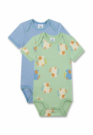 Due body per neonati a maniche corte: uno blu chiaro e uno verde con stampa di scimmie, dotati di chiusure a scatto e realizzati in morbido cotone.