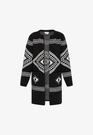 Garšs melns kardigans ar baltām ģeometriskām rakstām, aprīkots ar divām priekšējām kabatām un atvērtu priekšu. Mīksta, teksturēta auduma.