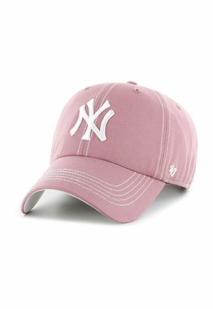 Pink baseball cap with white New York Yankees logo and white stitching on the brim and panels, shown on a white background.
