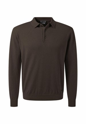 Dunkelbraunes langärmliges Poloshirt aus weichem, strukturiertem Stoff mit einer Dreiknopf-Leiste und gerippten Bündchen. Klassisches Design.