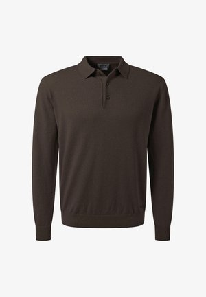 Dunkelbraunes langärmliges Poloshirt aus weichem, strukturiertem Stoff mit einer Dreiknopf-Leiste und gerippten Bündchen. Klassisches Design.