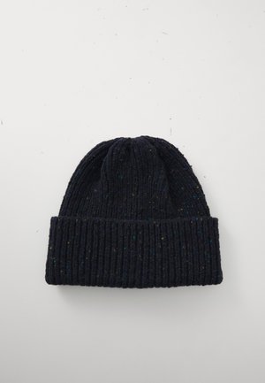Dark navy knitted beanie with folded cuff and small multicolored flecks on a light background.