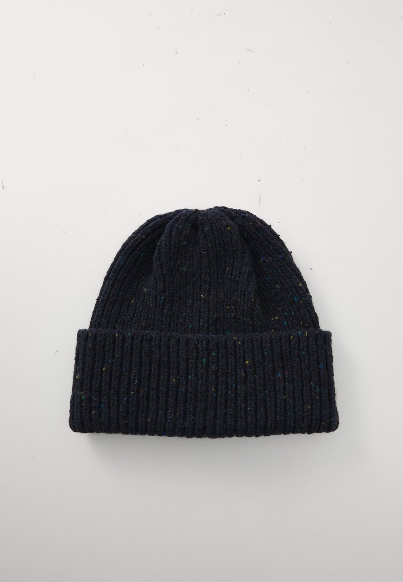 Dark navy knitted beanie with folded cuff and small multicolored flecks on a light background.