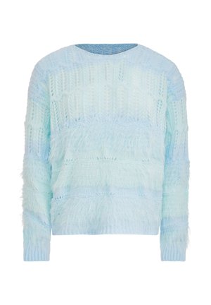 Hellblau gestrickter Pullover mit flauschigen horizontalen Streifen, rundem Ausschnitt, langen Ärmeln und strukturiertem Lochmuster im gesamten Design.