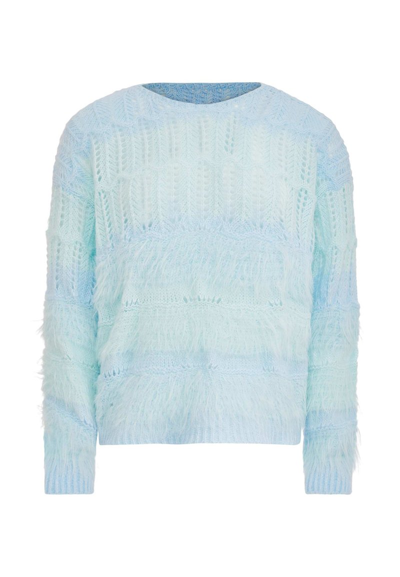 Hellblau gestrickter Pullover mit flauschigen horizontalen Streifen, rundem Ausschnitt, langen Ärmeln und strukturiertem Lochmuster im gesamten Design.