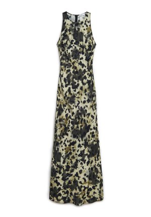 Robe sans manches en tissu léger, avec un imprimé abstrait marron et noir sur fond crème ; coupe décontractée avec un col rond.