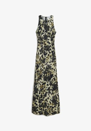 Ärmelloses Kleid aus leichtem Material mit einem braun-schwarzen abstrakten Muster auf einem cremigen Hintergrund; lockere Passform mit Rundhalsausschnitt.