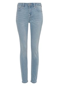 Světlé modré džínové úzké džíny s přiléhavým střihem, se klasickým pětikapsovým stylem a kontrastním prošitím.