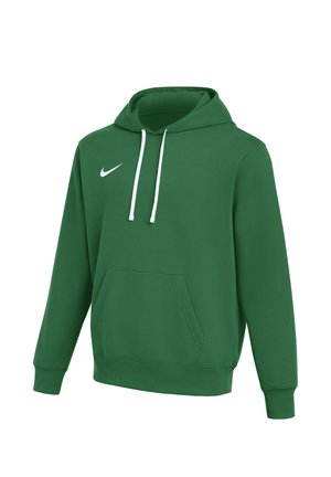 Sudadera con capucha verde de Nike con cordones blancos, bolsillo tipo canguro y mangas largas, mostrada sobre un fondo blanco.