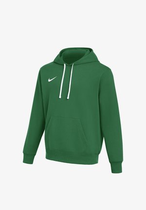 Sudadera con capucha verde de Nike con cordones blancos, bolsillo tipo canguro y mangas largas, mostrada sobre un fondo blanco.