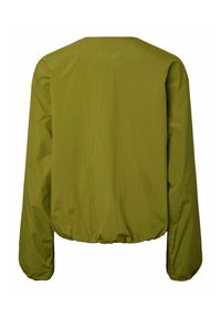 Veste légère à manches longues de couleur vert olive avec ourlet élastique froncé et sans attaches visibles, vue de dos.