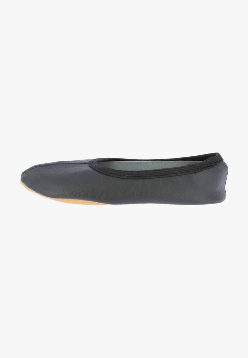 Schwarze Ballerinas aus Leder mit abgerundetem Zehenbereich und elastischem Rand. Sie verfügen über eine flexible Gummisohle für Komfort und einfache Beweglichkeit.