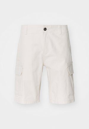 Beige cargo shorts made of lightweight fabric, featuring two side pockets, a button closure, and a relaxed fit. Smooth texture with subtle pattern.