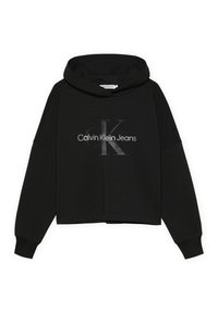 Felpa nera corta realizzata in materiale morbido, con cappuccio, spalle scese e un logo argento "Calvin Klein Jeans" con una "K" in evidenza.