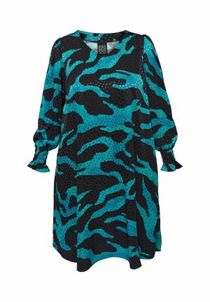 Vestido negro con espirales y puntos en color turquesa. Cuenta con un escote en V, mangas largas abullonadas y puños elásticos para un ajuste relajado.