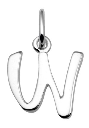 Zilveren hanger in de vorm van de letter "W," met een gladde, gepolijste afwerking en een ronde lus voor bevestiging.
