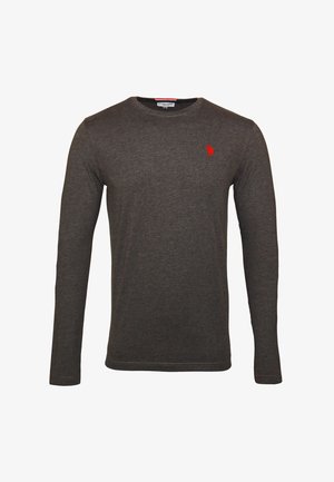 Dunkelgraues Langarmshirt mit Rundhalsausschnitt und kleinem roten gesticktem Logo auf der linken Brust.