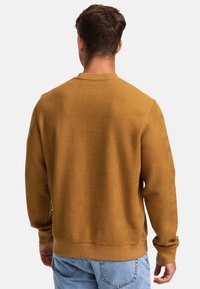 Suéter mostaza con patrón texturizado, cuello redondo y puños y dobladillo acanalados. Vista trasera, combinado con jeans de color azul claro.
