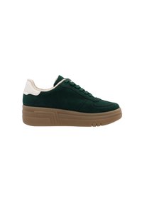 Dark green suede sneakers with a light beige back tab. Features a thick rubber sole and textured design elements on the side.