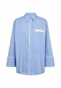 Camicia a righe blu chiaro con chiusura a bottoni, maniche lunghe, taschino sul petto e polsini bianchi a contrasto. Realizzata in tessuto leggero.