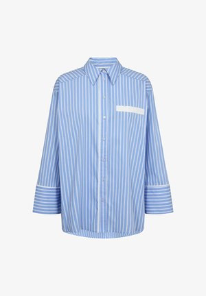 Light blue striped shirt with a button front, long sleeves, a chest pocket, and contrasting white cuffs. Made from lightweight fabric.