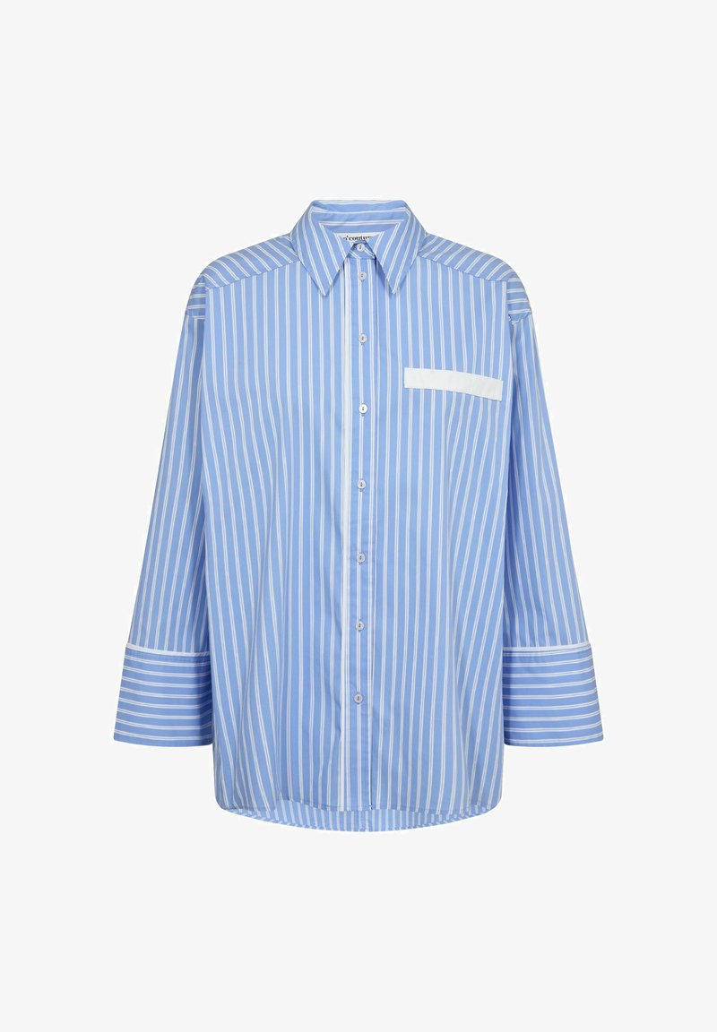 Camicia a righe blu chiaro con chiusura a bottoni, maniche lunghe, taschino sul petto e polsini bianchi a contrasto. Realizzata in tessuto leggero.
