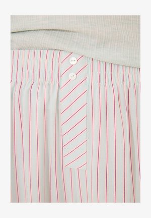 Light blue fabric with vertical pink stripes and three white buttons. Features gathered elastic waistband and a contrast striped detail.