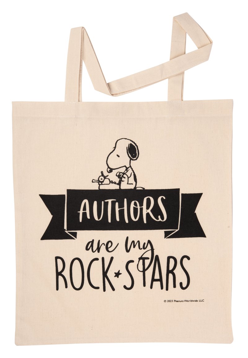 Naturale Canvas-Shopper in Beige mit schwarzem Text. Enthält eine Snoopy-Illustration und den Spruch "Autoren sind meine ROCKSTARS."