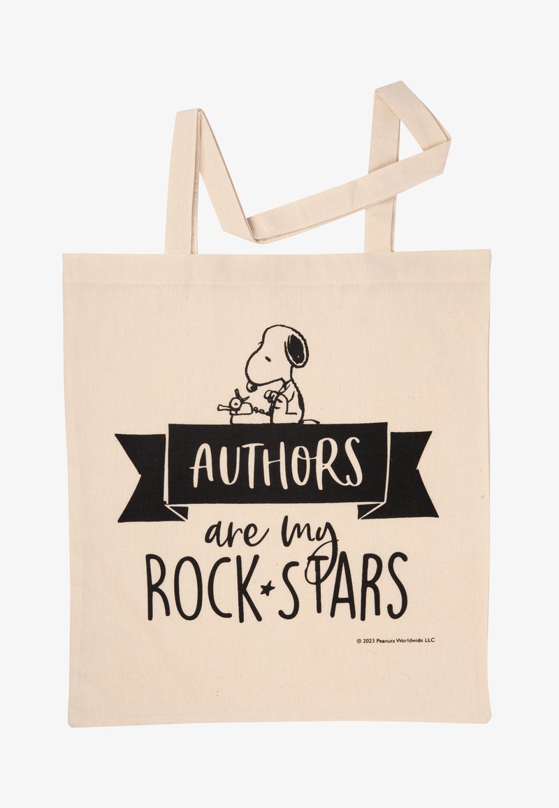 Naturale Canvas-Shopper in Beige mit schwarzem Text. Enthält eine Snoopy-Illustration und den Spruch "Autoren sind meine ROCKSTARS."